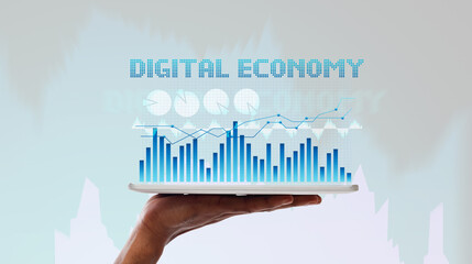 Poster - Collage of male hand holding tablet computer with financial graphs and diagrams rising from screen