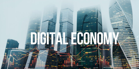 Poster - Creative collage with metropolis city, financial charts and phrase DIGITAL ECONOMY