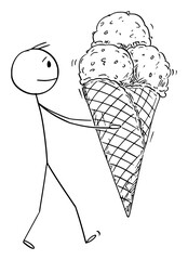 Sticker - Vector cartoon stick figure drawing conceptual illustration of man holding big ice cream in waffle cone. Summer cold dessert.