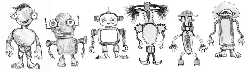 Team of robots. Vintage toys. Ink drawing.