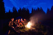 © anatoliy_gleb - Company of young people is sitting around the fire against the backdrop of the silhouetted of large spruce trees and dark blue night sky. Camping in the forest. Vacation and tourism concept