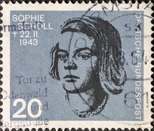 A Postage Stamp Showing A Portrait Of Sophie Scholl, A Member Of The Resistance Against Adolf Hitler.  20th Anniversary In 1964