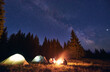 © anatoliy_gleb - Company of five tourists, men and woman sitting by burning campfire near illuminated tents, enjoying beautiful night sky full of stars and bright Milky Way, warm summer night. Concept of tourism