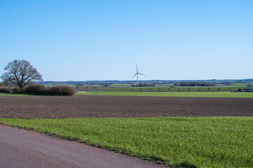 Wall Mural - A lonely wind power plant stands in the middle of the farmlands in Skåne (Scania) in southern Sweden