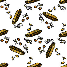 Golden Harmonica Icon Isolated Seamless Pattern On White Background. Musical Instrument. Vector Illustration