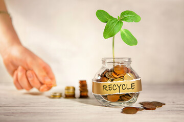 Recycle. Glass jar with coins and a plant, in the background a female hand puts coins near a glass jar. Saving money, investing, making money, financial wealth management concept. 