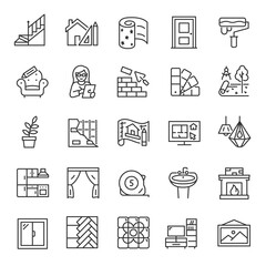 Interior and exterior design, icon set. Interior designer, conceptual development, space planning, selection of furniture, interior decoration materials, linear icons. Line with editable stroke