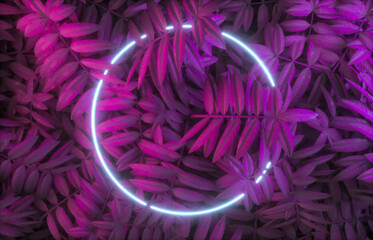 Leinwandbilder - Abstract neon frame backdrop with tropical leaves background. 3d render.
