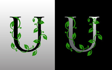 Wall Mural - Elegant U Letter Icon with luxury green leaf logo design. Nature U Icon.