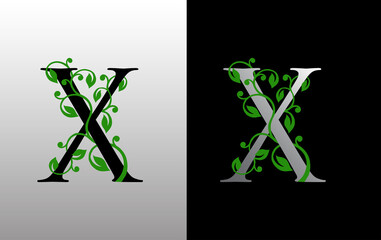 Wall Mural - Elegant X Letter Icon with luxury green leaf logo design. Nature X Icon.