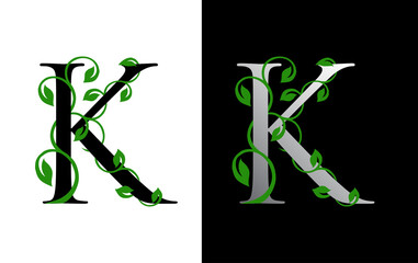 Wall Mural - Elegant K Letter Icon with luxury green leaf logo design.