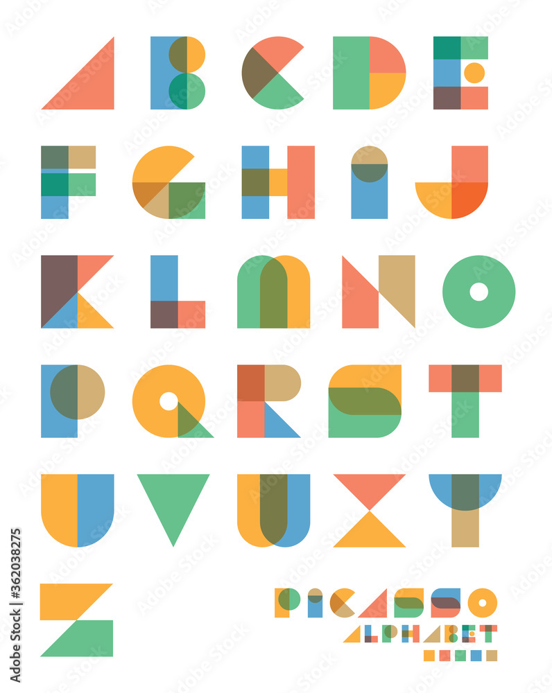 Pop art vintage style designed Picasso-inspired vector alphabet set - obrazy, fototapety, plakaty 