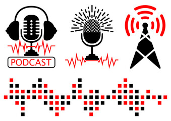 Podcast radio icon illustration sets. Broadcast tower, radio frequency and microphone with headphones. Podcast microphone, signs or logo templates. On the Air symbols. Vector