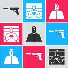 Sticker - Set Pistol or gun with silencer, Suspect criminal and Anonymous with question mark icon. Vector