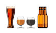 Flat vector illustration of different type of beers. Beer glass, bottle set icons for creating your infographics, sticker, patch, label, badge. Craft brewing. All elements are separated on white.