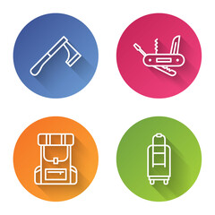 Wall Mural - Set line Wooden axe, Swiss army knife, Hiking backpack and Suitcase. Color circle button. Vector.