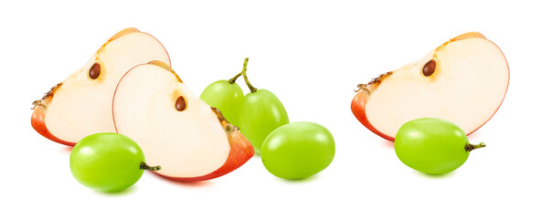 Wall Mural - Red apple slices and green grapes isolated on white background. Package design element with clipping path