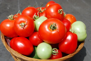 Tomatoes in a rustic basket.