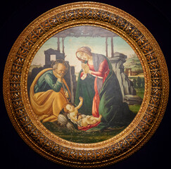 Colorful religious medieval painting showing Mary, Joseph and baby Jesus