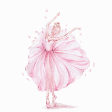 Pink Pretty Ballerina; Watercolor Hand Draw Illustration; Can Be Used For Cards Or Posters; With White Isolated Background