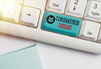 Handwriting text writing Coronavirus Disease. Conceptual photo defined as illness caused by a novel virus SARSCoV2 White pc keyboard with empty note paper above white key copy space