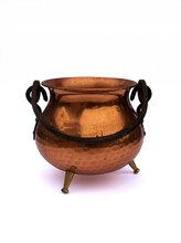 Old Antique Copper / Bronze Pot / Cauldron / Kettle With Black Handler And Three Small Legs Isolated On White Studio Background