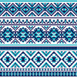 Pattern with geometrical ornaments in shades of blue and turquoise. Seamless vector background inspired by tribal patterns.
