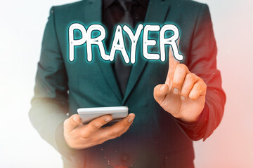 Wall Mural - Writing note showing Prayer. Business concept for solemn request for help or expression of thanks addressed to God Model with pointing hand finger symbolizing navigation progress growth