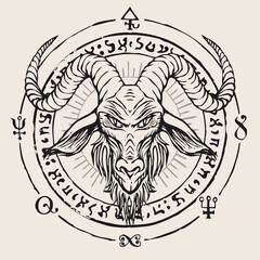 Poster - Hand-drawn horned goat head on a background of occult and witchcraft signs. The symbol of Satanism Baphomet and magic signs written in a circle