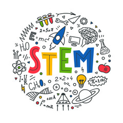 stem. science, technology, engineering, mathematics. science education doodles and hand written word