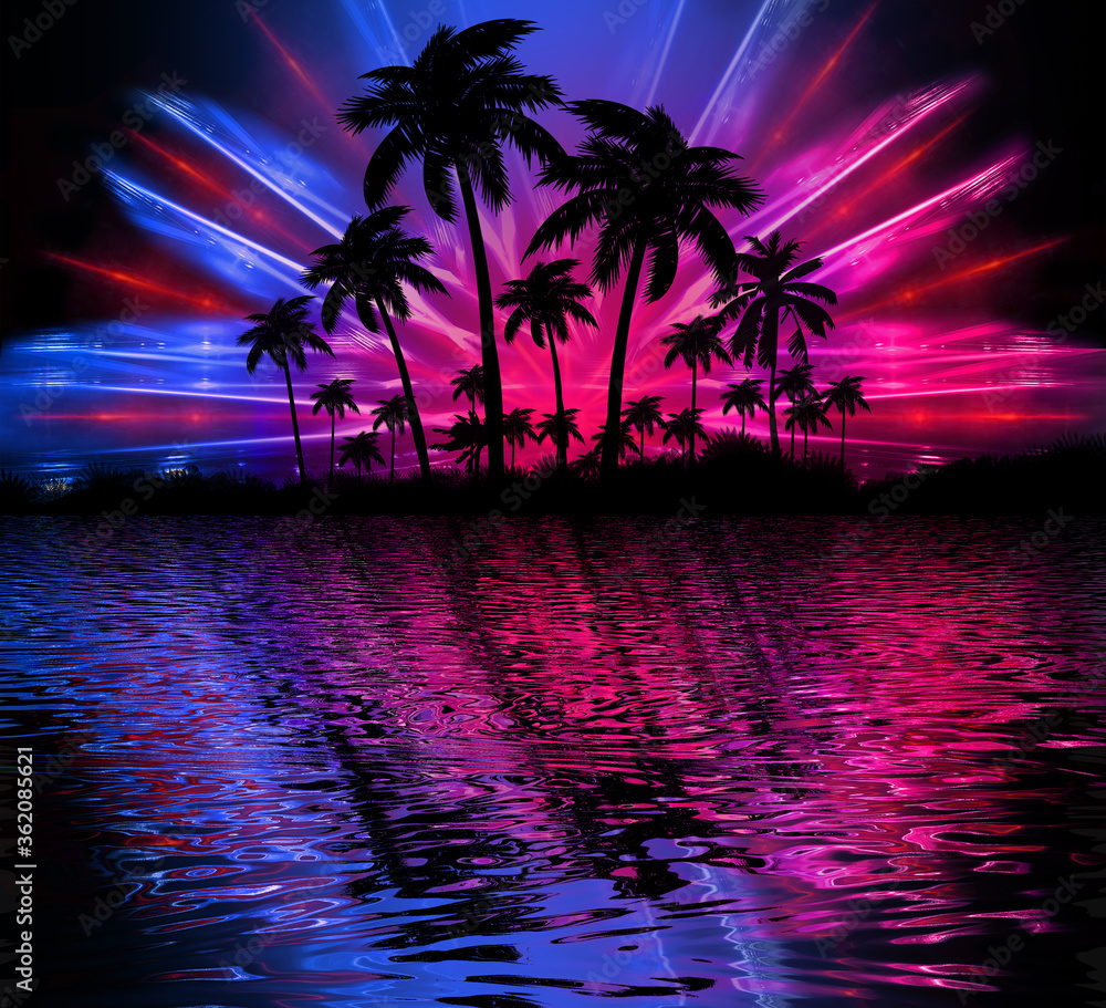 Abstract modern futuristic dark landscape with tropical palm trees, neon lights, rays. Reflection in the water, night view, abstract tropical background. 3d illustration - obrazy, fototapety, plakaty 
