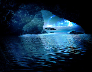 Wall Mural - The cave is flooded with water. reflection in the water of night lights, stars. 3D illustration