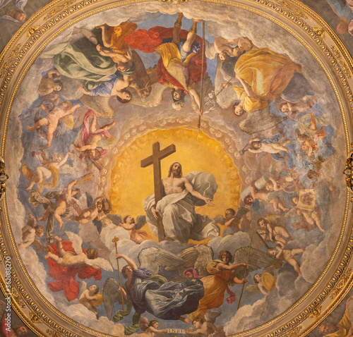 RAVENNA, ITALY - JANUARY 28, 2020: The freco Glory of Resurected Jesus from the cupola of side  chapel in Duomo (cathedral) by Guido Reni (1575 - 1642).