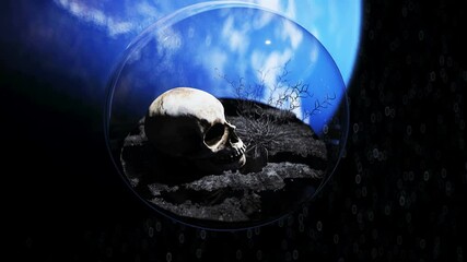 Wall Mural - human skull in outer space in glass sphere. apocalypse ecology concept. 4k animation.