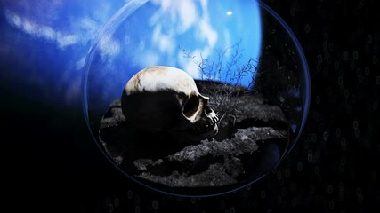 Wall Mural - human skull in outer space in glass sphere. apocalypse ecology concept. 4k animation.