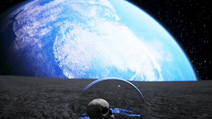 Wall Mural - human skull in outer space in glass sphere. apocalypse ecology concept. 4k animation.