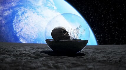 Wall Mural - human skull in outer space in glass sphere. Apocalypse ecology concept. 4k animation.