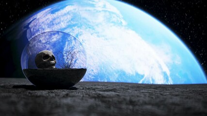 Wall Mural - human skull in outer space in glass sphere. apocalypse ecology concept. 4k animation.