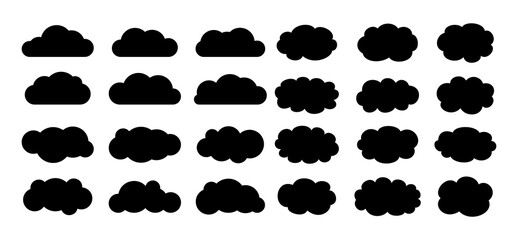Wall Mural - Cloud set flat cartoon silhouette. Abstract black cloudy collection. Label, symbol, shape different clouds sky glyph. Nature weather elements. Isolated vector illustration