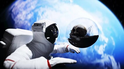 Wall Mural - astronaut and human skull in outer space in glass sphere. apocalypse concept. 3d rendering.