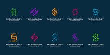 Set Of Technology Letter S Dot Logo Design And Business Card. Initial S For Symbol Tech, Internet, System, Artificial Intelligence And Computer. Inspiration Logo Design Modern.
