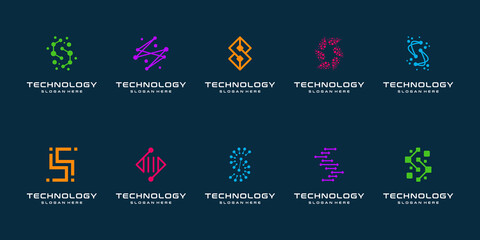Set of technology letter S dot logo design and business card. initial S for symbol tech, internet, system, Artificial Intelligence and computer. inspiration logo design modern.
