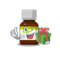 Canvas Print - joyful antibiotic bottle cartoon character with a big gift box