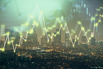 Forex chart on cityscape with tall buildings background multi exposure. Financial research concept.