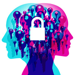 Wall Mural - A Male and Female side silhouette profile overlaid with various blending semi-transparent key shapes. Overlaid in the centre is a solid white closed padlock.