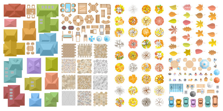 Vector set. Autumn city landscape. Top view. Pavement, houses, furniture, road, cars, people, trees and leaves. View from above. 