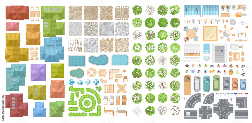 Vector set for a cityscape. Top view. Collection for landscape design, plan, maps. Sidewalk, playground, houses, road, cars, people, home, trees, pools. View from above.