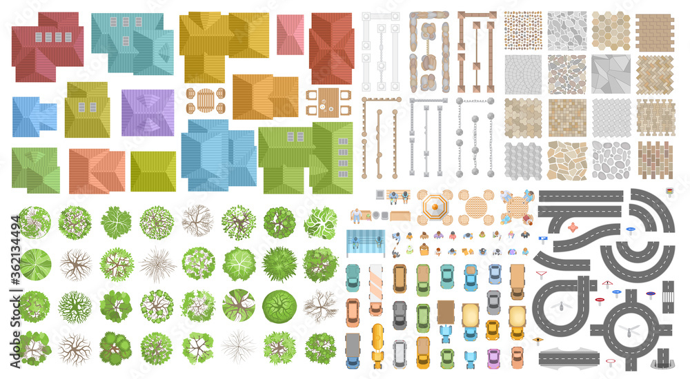 Set of landscape elements. Houses, architectural elements, plants. Top ...