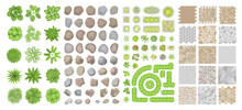Set of park elements. (Top view) Collection for landscape design, plan, maps. (View from above) Pavements, stones, trees, flower beds.