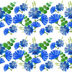 Wall Mural - Blue small flowers of chicory and cornflowers are drawn in gouache. Simple seamless floral pattern. Fashionable Milflers. Elegant template for fashionable prints, textiles, wallpapers, patterns, cover